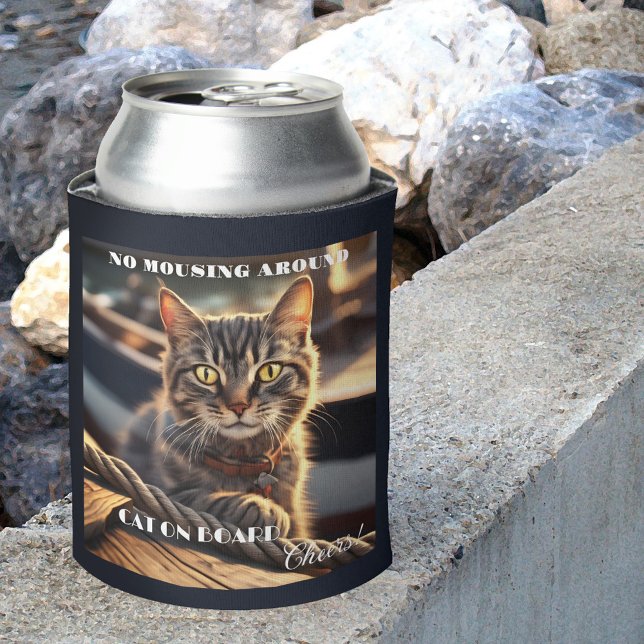Rafraîchisseur Pour Canette Funny Chat Sailor Nautique (Nautical can cooler featuring a funny cat on a boat)