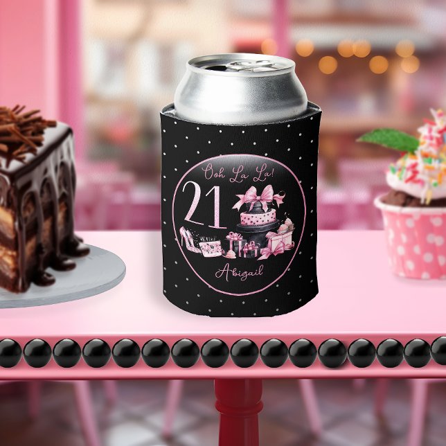 Rafraîchisseur Pour Canette Glam Pink Black Fashion 21ème anniversaire (Glam Pink and Black French Couture Fashion 21st Birthday Party Can Cooler)