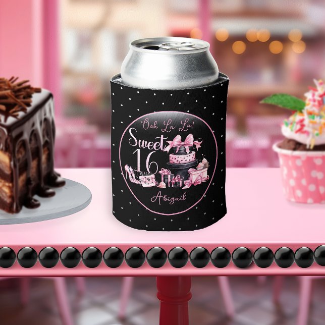 Rafraîchisseur Pour Canette Glam Pink Black Fashion Sweet 16 Anniversaire (Glam Pink and Black French Couture Fashion Sweet 16 Birthday Party Can Cooler)