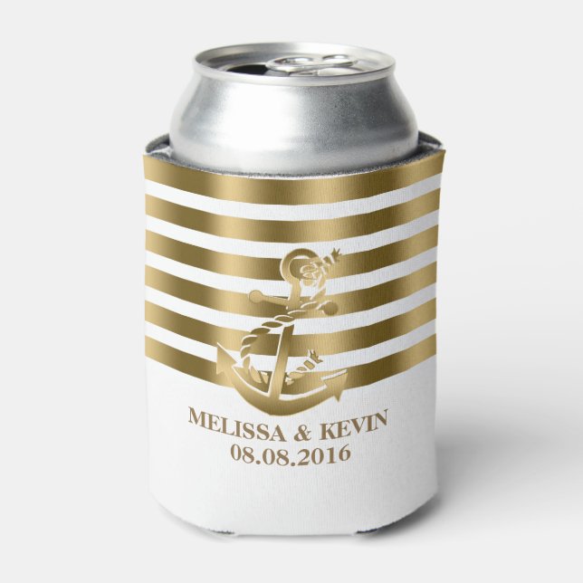 Rafraîchisseur Pour Canette Gold Et White Stripes Gold Ancre Bateau Nautique (Can devant)