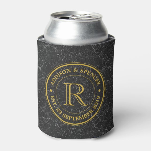 Rafraîchisseur Pour Canette Gold Monogram Black Leather Wedding Anniversary (Can devant)