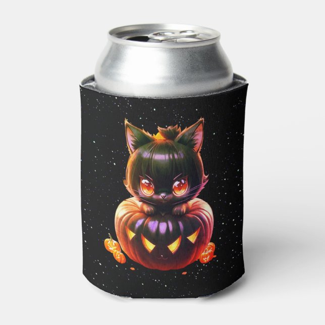 Rafraîchisseur Pour Canette Halloween Chat noir Citrouille nuit Horreur (Can devant)