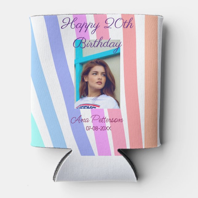 Rafraîchisseur Pour Canette Happy 20th Birthday rainbow rustic boho lines phot (Devant)
