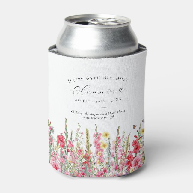Rafraîchisseur Pour Canette Happy Birthday 65th August Birth Flower Custom (Can devant)