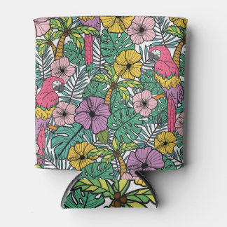 Rafraîchisseur Pour Canette Hibiscus tropical, palmier, perroquets motif.
