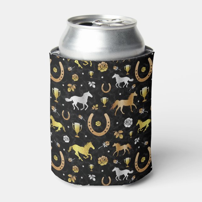 Rafraîchisseur Pour Canette Horse Racing Derby Day Black Gold Motif Monogramme (Can devant)