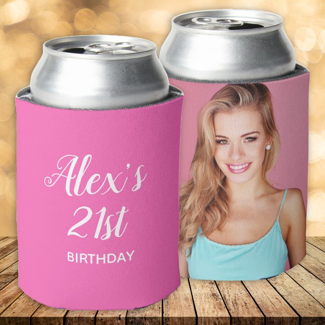 Rafraîchisseur Pour Canette Hot rose blanc 21e anniversaire Photo (Hot pink 21st birthday party photo can cooler)