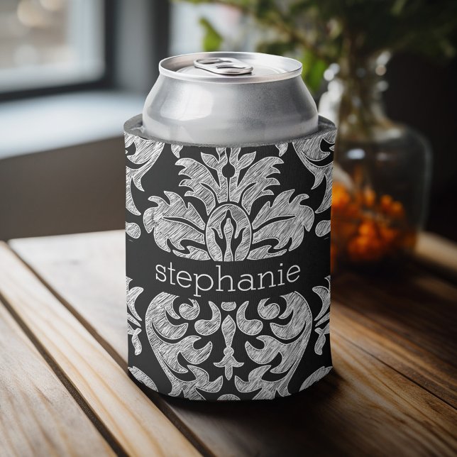 Rafraîchisseur Pour Canette Jolie dentelle Damask motif noir et blanc (Personalized Can Cooler - Add Custom Text or Name)