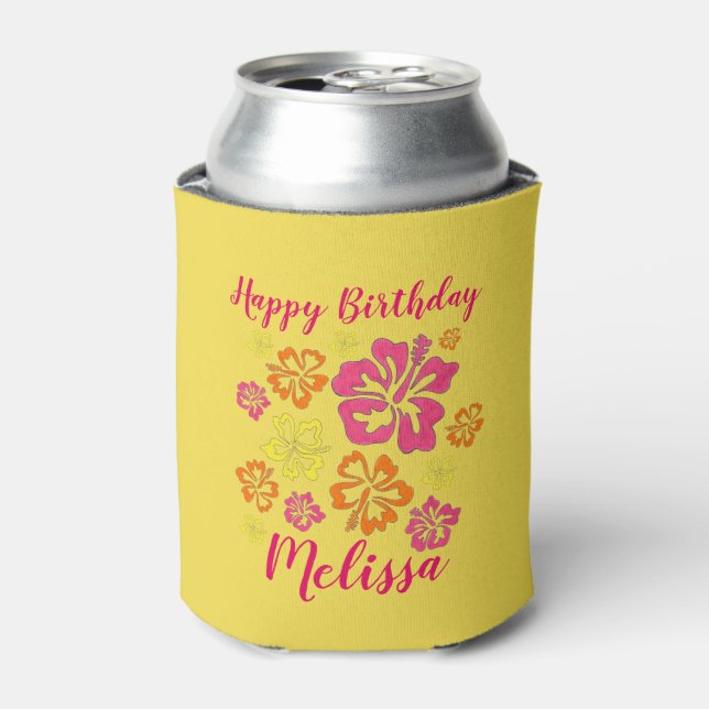 Rafraîchisseur Pour Canette Joyeux anniversaire Fleurs d'Hibiscus hawaïens tro (Can devant)