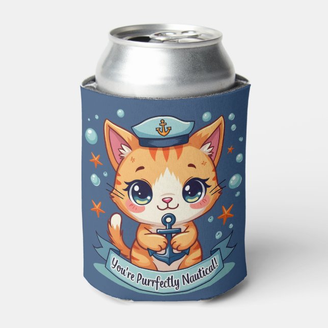 Rafraîchisseur Pour Canette Kawaii Nautical Cat Sailing Anchor Pun (Can devant)
