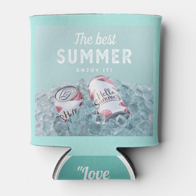 Rafraîchisseur Pour Canette Le meilleur été (A can cooler with a light blue background, featuring the text "The best SUMMER" and "ENJOY IT!" )