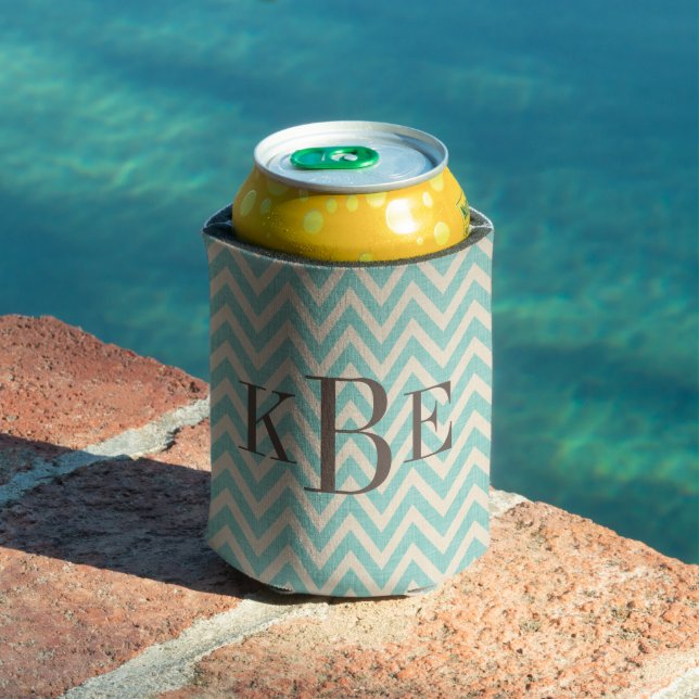Rafraîchisseur Pour Canette Lin rustique Beige et Aqua Chevron Monogramme (Piscine in situ)
