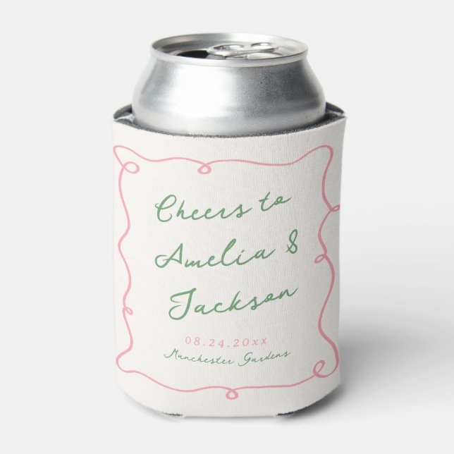 Rafraîchisseur Pour Canette Main Whimsical Tirée Mariage vert et rose (Can devant)