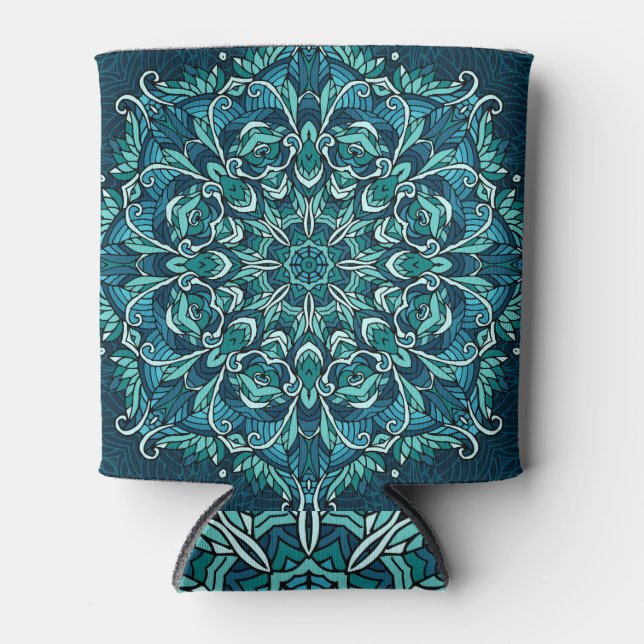 Rafraîchisseur Pour Canette Mandala ethnique bleue, design complexe. (Devant)