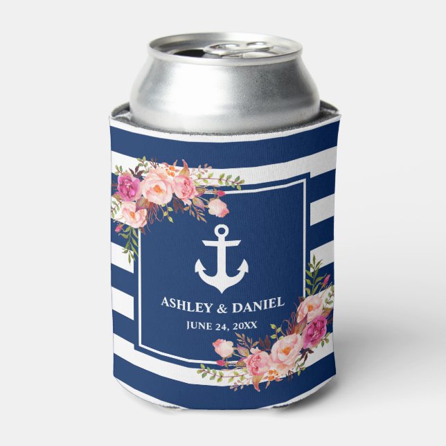 Rafraîchisseur Pour Canette Mariage floral rose rayé bleu marine (Can devant)