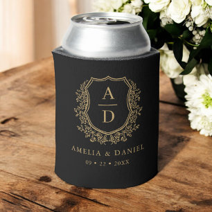 Rafraîchisseur Pour Canette Mariage Monogramme moderne Black Gold Crest
