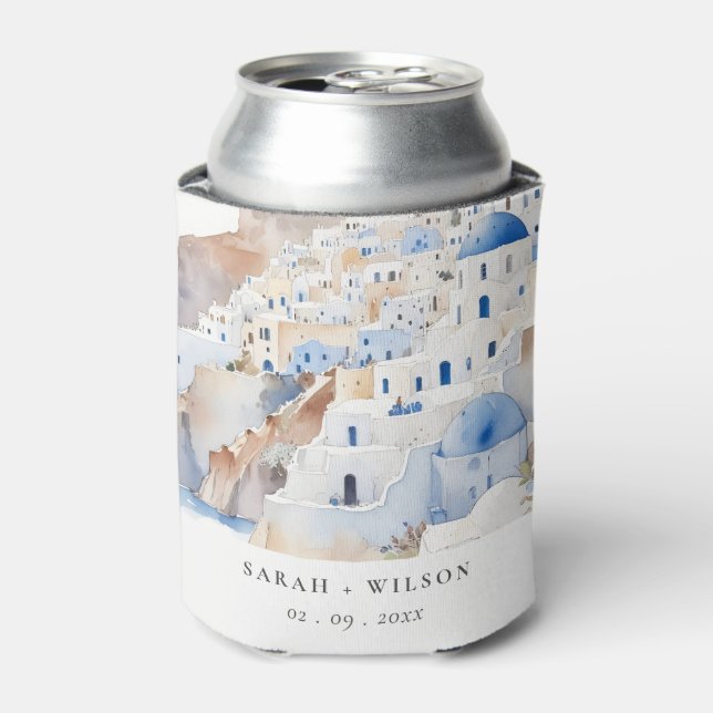 Rafraîchisseur Pour Canette Minimal chic Santorini Grèce Mariage aquarelle (Can devant)