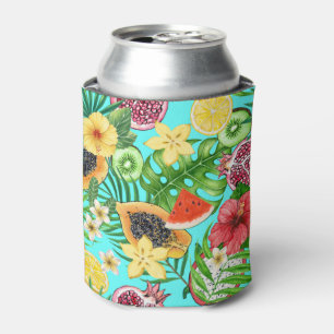 Rafraîchisseur Pour Canette Mix-fruit tropical, fleurs et feuilles en bleu
