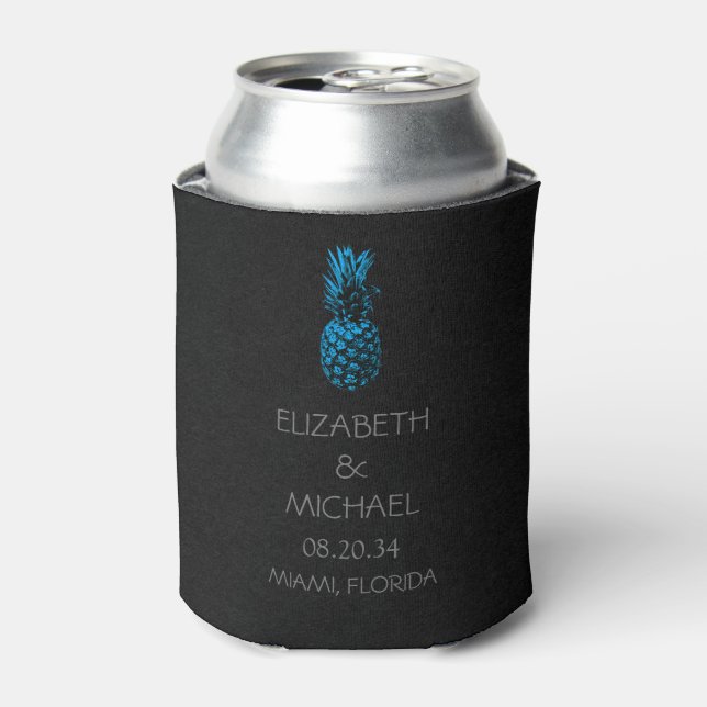 Rafraîchisseur Pour Canette Moderne Mariage Tropical Ananas Noir Bleu (Can devant)