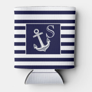 Rafraîchisseur Pour Canette Monogramme Ancre marine Bleu Bleu Bandes blanches