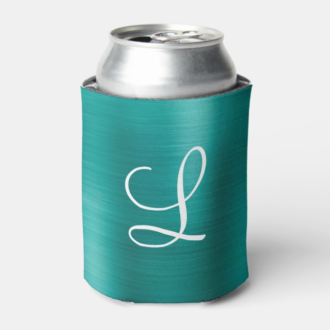 Rafraîchisseur Pour Canette Monogramme blanc Turquoise en métal brossé chic (Can devant)