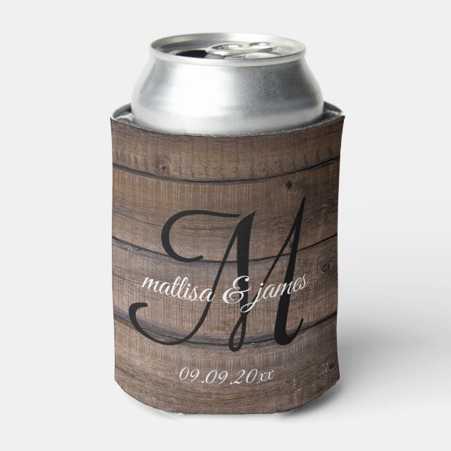 Rafraîchisseur Pour Canette Monogramme de bois rustique moderne Soirée de mari (Can devant)