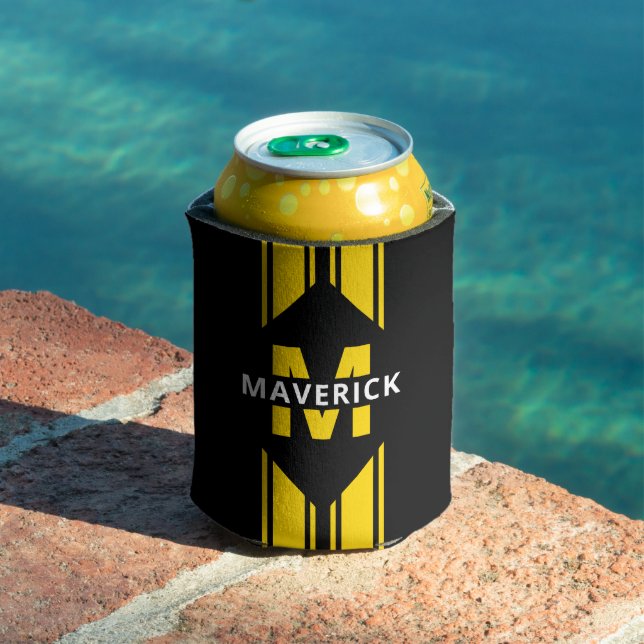 Rafraîchisseur Pour Canette Monogramme jaune noir et nom (Piscine in situ)