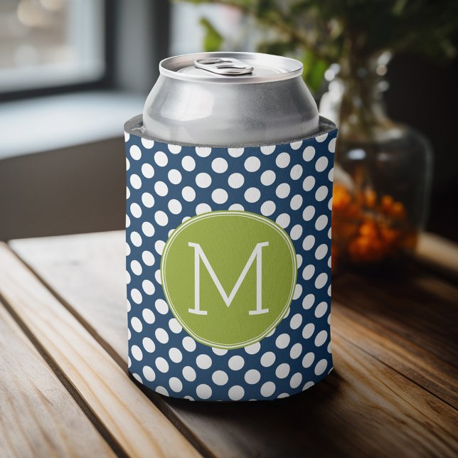 Rafraîchisseur Pour Canette Monogramme personnalisé Pois bleu marine et vert c (Celebrate with a personalized can cooler - add your name or monogram. Great party favor or gift)