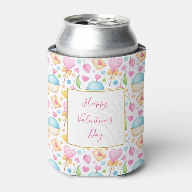 Rafraîchisseur Pour Canette Motif d'aquarelle douce Coeurs et Cupcakes (Can devant)