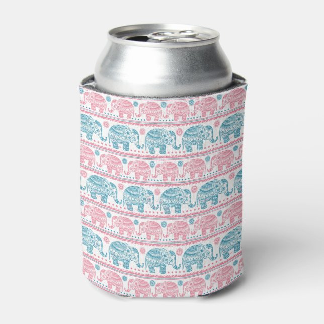 Rafraîchisseur Pour Canette Motif d'éléphants ethniques rose et Turquoise (Can devant)