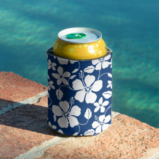 RAFRAÎCHISSEUR  POUR CANETTE MOTIF HULA HAWAIEN (HIBISCUS) EN BLEU MARINE