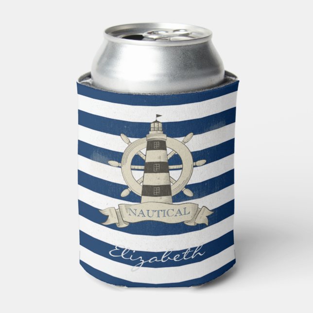 Rafraîchisseur Pour Canette Nautique, Bateau Roue, Bleu et Blancs (Can devant)