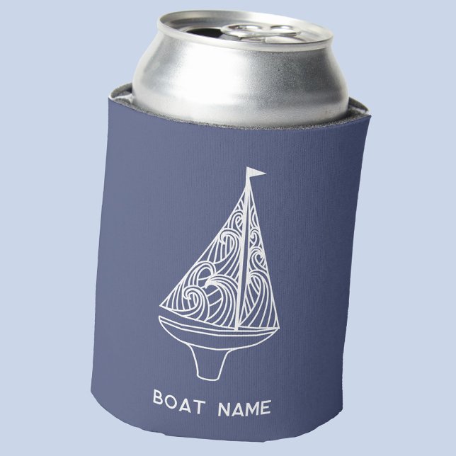 Rafraîchisseur Pour Canette Nom du bateau à voile Nautique (Sailing boat custom text boat name blue and white modern can cooler)