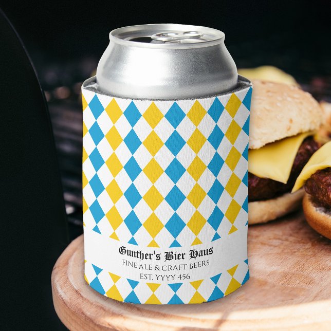 Rafraîchisseur Pour Canette Oktoberfest personnalisé Texte médiéval Bleu blanc (Medieval blue yellow and white beer can cooler for oktoberfest and beyond)