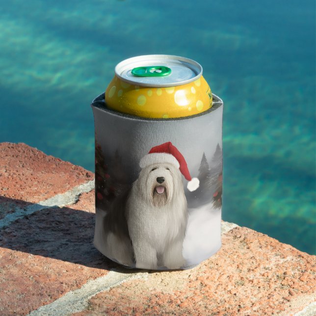 Rafraîchisseur Pour Canette Old English Sheepdog en Noël de neige (Piscine in situ)