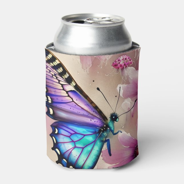 Rafraîchisseur Pour Canette Papillon bleu étonnant et fleurs roses (Can devant)