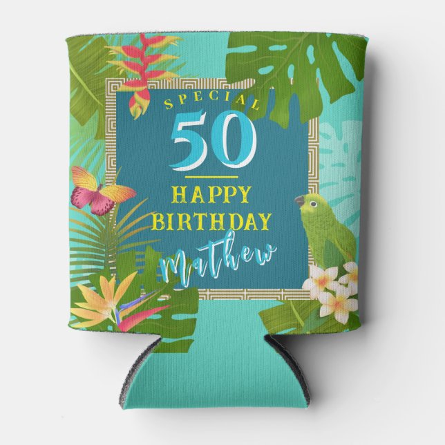 Rafraîchisseur Pour Canette Paradis tropical Anniversaire Turquoise (Devant)