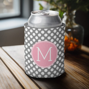 Rafraîchisseur Pour Canette Pastel Pois rose et gris - Monogramme classique