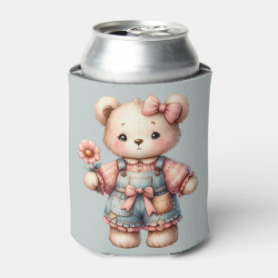 Rafraîchisseur Pour Canette Pastel Teddy Bear Holding Flower Wear Overalls