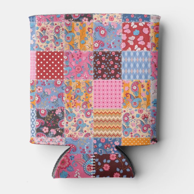 Rafraîchisseur Pour Canette Patchwork sans couture, motif en tissu mignon. (Devant)