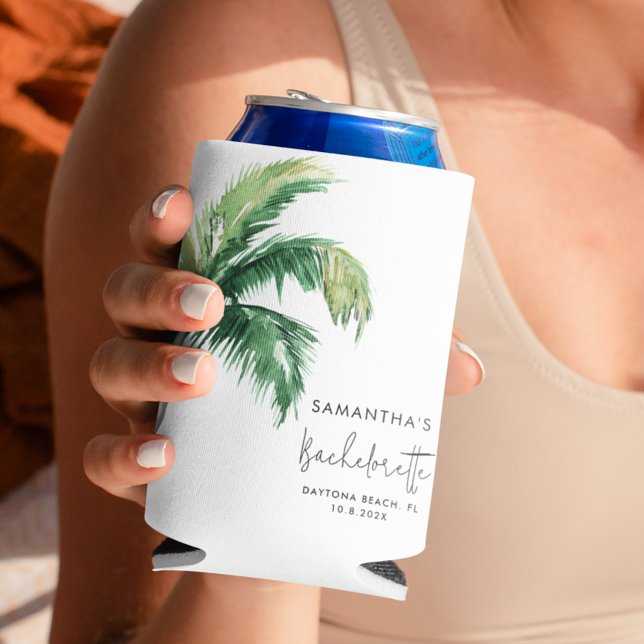 Rafraîchisseur Pour Canette Peinture à l'aquarelle d'un palmier personnalisée  (Tropical Palm Tree Watercolor Bachelorette White Can Cooler)
