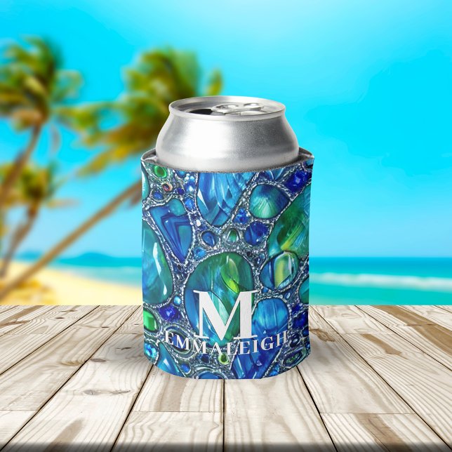 Rafraîchisseur Pour Canette Perles de verre scintillantes bleu-vert avec monog (Créateur téléchargé)
