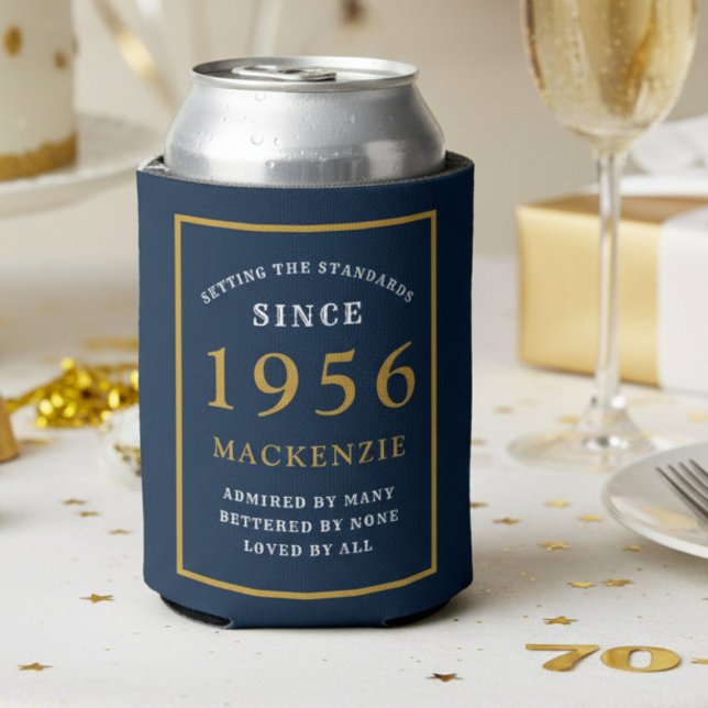 Rafraîchisseur Pour Canette Personalized 70th Birthday 1956 Elegant Blue Gold (1956 blue can cooler. White background.)