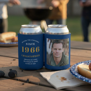 Rafraîchisseur Pour Canette Personnalisé 60e Anniversaire Bleu Or Avec Photo