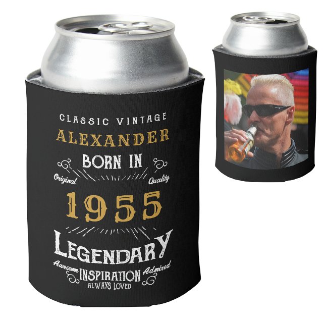 Rafraîchisseur Pour Canette Personnalisé 70e anniversaire Ajouter un nom Année (Personalized 70th birthday can cooler for those born in 1955. Custom name, year and photo template.)