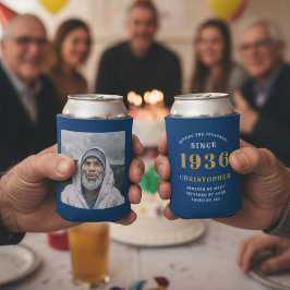 Rafraîchisseur Pour Canette Personnalisé 90e anniversaire bleu or avec photo