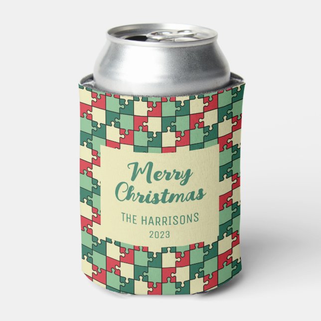 Rafraîchisseur Pour Canette Pièce de puzzle rouge de Noël Géométrique (Can devant)