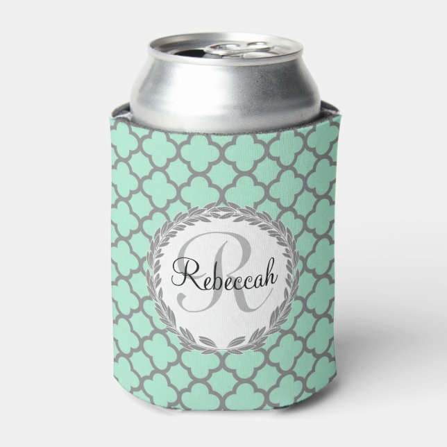 Rafraîchisseur Pour Canette Quatrefoil vert et gris Monogram Laurel (Can devant)