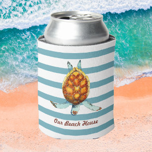 Rafraîchisseur Pour Canette Sea Turtle Our Beach House on Dark Aqua Stripes