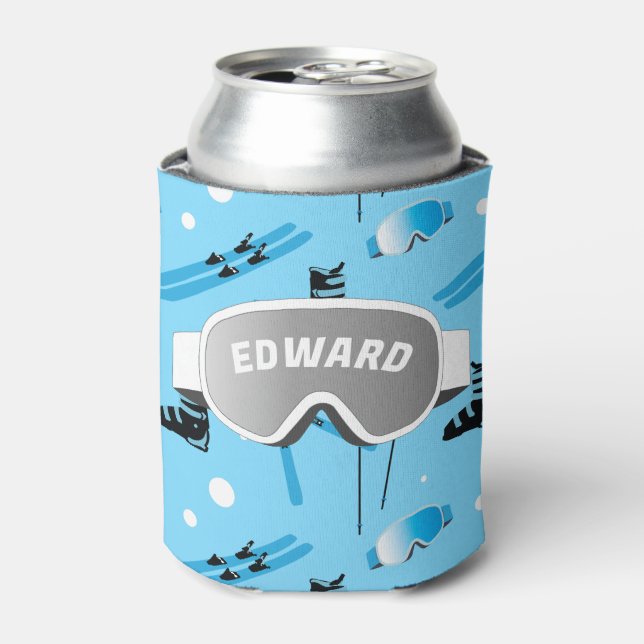 Rafraîchisseur Pour Canette Skier Personalised Skiing Themed Blue Apres Ski (Can devant)
